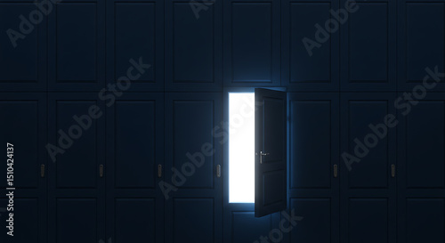 Open Door Revealing Bright Light in Dark Wall 3D Render photo