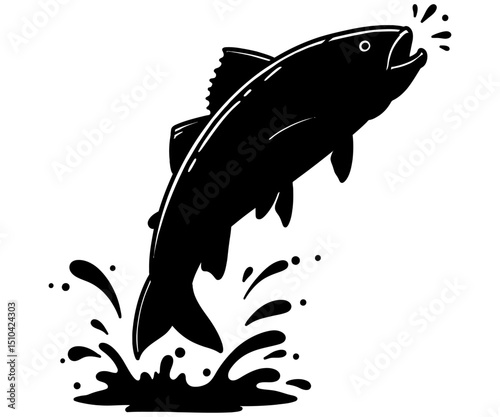 Silhouette illustration of a fish leaping out of the water with splashes beneath, showcasing dynamic motion and aquatic life in bold black-and-white vector style.