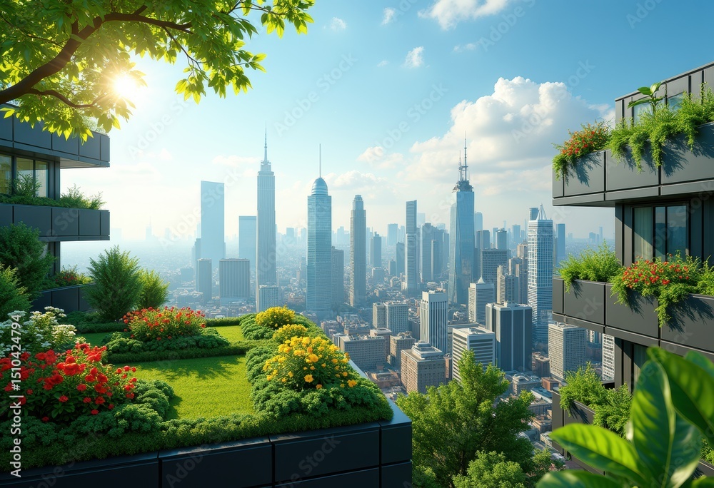 Fototapeta premium lush green rooftops vibrant urban skyline contrast blossoming nature above cityscape, greenery, vegetation, landscape, architecture, garden, plants, view