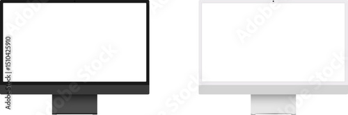 Minimalist vector illustration of two modern desktop monitors in black and white color options. Ideal for tech mockups, UI design, and workspace visuals. Vector EPS 10