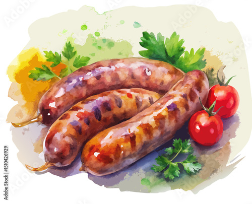 Watercolor Style Illustration of Grilled Sausages with Tomatoes and Parsley

