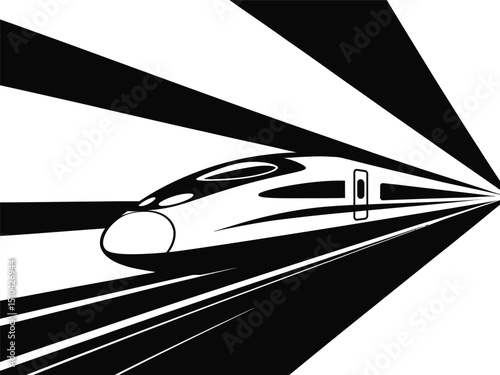 Sleek High-Speed Train Graphic, Bold Black and White Lines, Modern Transportation Icon.