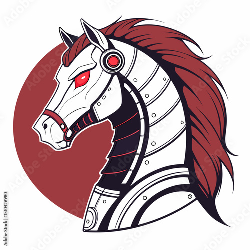 Cybernetic Horse Head with Red Mane and Glowing Eye on a Maroon Circle

