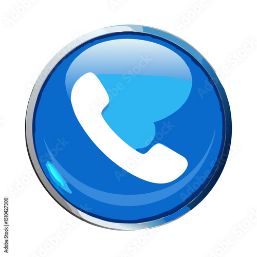 Vector illustration of a white telephone handset silhouette centered within a glossy blue circular button with a metallic silver border, isolated on a white background.

