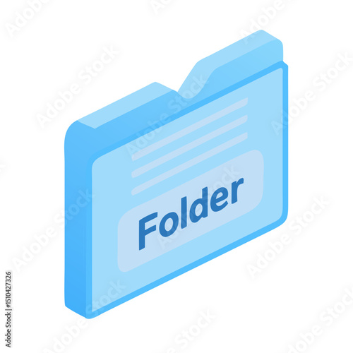 Vector illustration of a light blue isometric folder icon. The folder has a slightly darker blue label that reads "Folder" and faint lines suggesting documents inside. It is isolated on a white