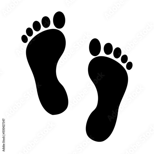 Vector illustration of two black footprints, side-by-side, depicting the soles of human feet with toes, isolated on a white background.


