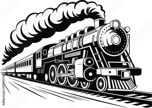 Vintage Steam Train Illustration with Puffs of Smoke in Black and White Graphic