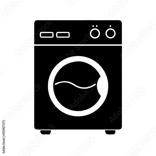Black vector silhouette illustration of a front-loading washing machine with a circular door, control panel at the top with buttons and indicators, and small feet at the bottom, isolated on a white