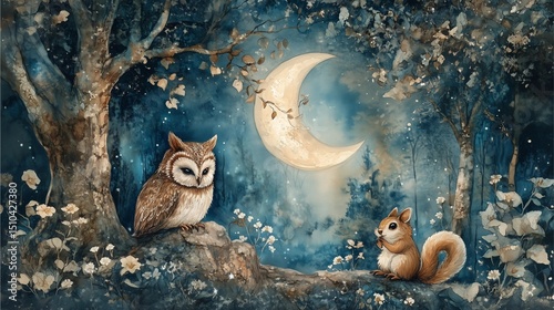 Watercolor Wolf howling at the moon under a starry night sky photo