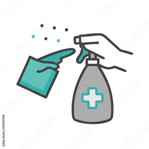 Vector illustration depicting a hand wearing a teal glove pointing towards the nozzle of a gray spray bottle held by another hand. The bottle has a teal medical cross on it,