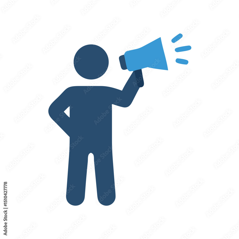 Dynamic Vector Illustration of a Dark Blue Silhouette Figure Holding a Light Blue Megaphone to Their Mouth, with Sound Waves Emanating From It, Isolated on a White Background Dynamic Vector Illustration of a Dark Blue Silhouette Figure Holding a Light Blue Megaphone to Their Mouth, with Sound Waves Emanating From It, Isolated on a White Background