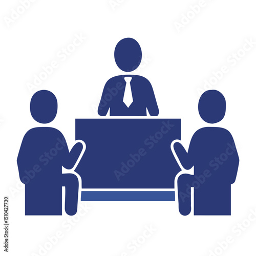 Vector Illustration of Three Dark Blue Silhouette Figures: One Standing Behind a Desk Wearing a Tie, and Two Others Seated Facing the Desk, Representing a Meeting, Interview, or a Small Jury Panel.

