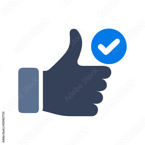 Vector Illustration of a Dark Blue Thumbs Up Hand Gesture with a Bright Blue Circle Containing a White Checkmark Overlayed on the Thumb, Isolated on a White Background, Signifying Approval, Agreement