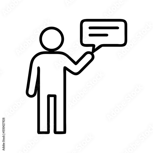 Simple Black Line Vector Illustration of a Stick Figure Person Holding Up a Speech Bubble Containing Horizontal Lines, Isolated on a White Background, Representing Speaking, Explaining, or Presenting 