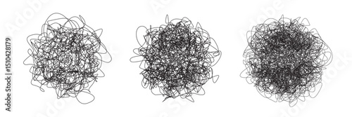 Set of three balls of chaos of black threads on white bg with loop texture. Ink scribbles. Vector illustration