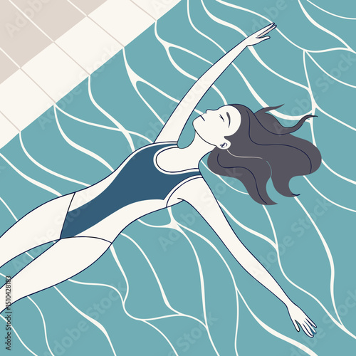 Tranquil Vector Illustration of a Woman Floating Peacefully on Her Back in a Swimming Pool with Gentle Water Ripples, Wearing a Dark Blue Swimsuit, Viewed from Above Near the Pool's Edge, Suggesting