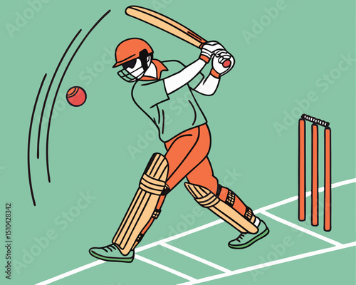 A Cricket Batsman Swinging the Bat to Hit the Ball During a Match, Action Shot of a Cricketer About to Strike the Ball Near the Wickets, The Thrill of the Game: A Batsman in Motion on the Cricket