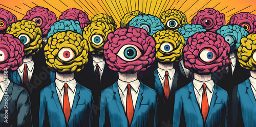 Surreal illustration of screaming figures with exposed brains and multiple eyes, vibrant
