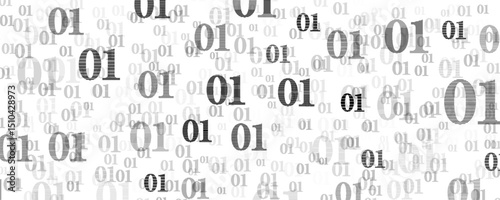 black and white Binary Data Software Programming Code Background. Random Parts of Program Code. Digital Data Technology Concept. 1 0 Machine Code. Random Binary Data Matrix Wide Vector Illustration.