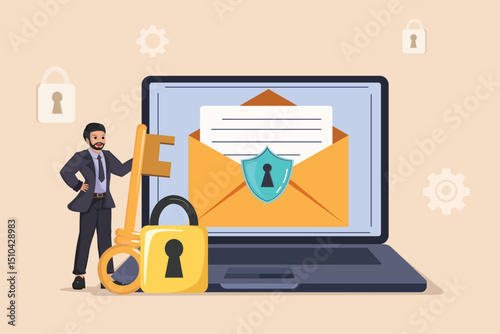 Secure Email Communication and Digital Privacy: Businessman Ensuring Confidentiality with Key and Padlock for Online Messages.