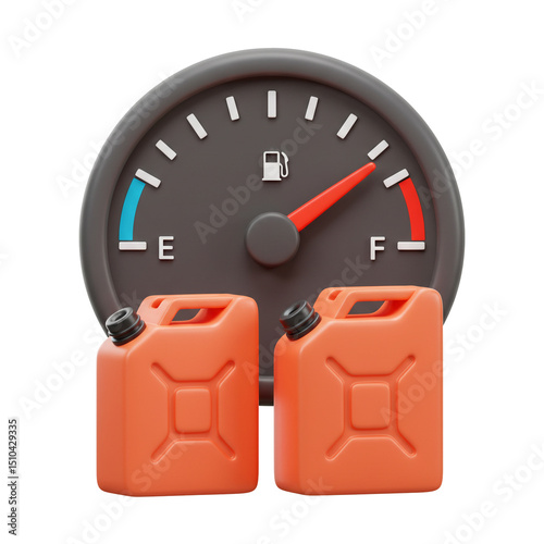 3D Illustration Fuel Gauge Showing Full Tank with Gas Cans on Isolated Background