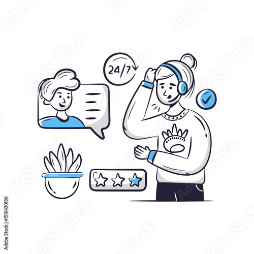 Illustration customer service support call center help desk online assistance operator feedback review stars vector art illustrations