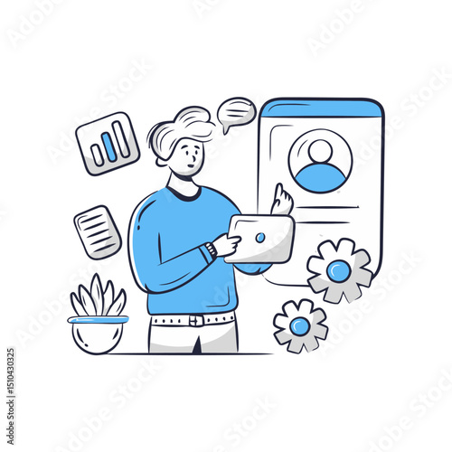 Illustration of business man with tablet charts profile settings and plant for business and finance 100 vector art illustrations