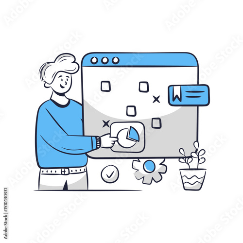 Man website development business strategy planning marketing management analysis design process optimization vector art illustrations