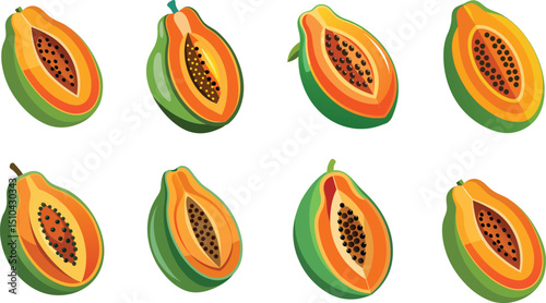 Papaya fruit set of different stages of ripening.