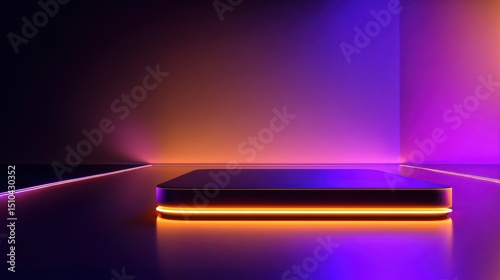 Vibrant illuminated platform in a modern abstract space with colorful gradient background