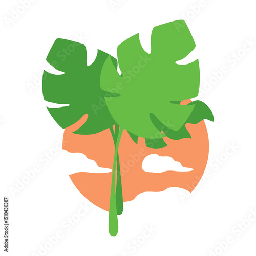 Vector icon of botanical leaves plant with the sun and clouds behind, isolated vector object on white background, flat color design.