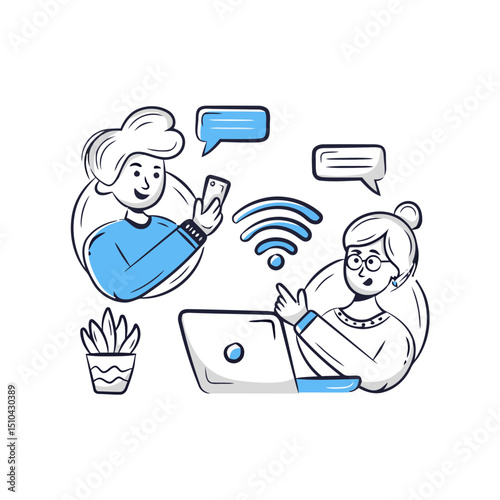 Communication technology network connection social media digital devices online people internet wireless laptop vector art illustrations