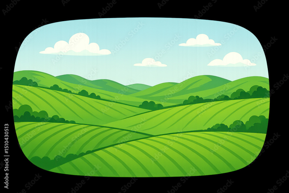 Fototapeta premium Green landscape with rolling hills under cloudy sky.