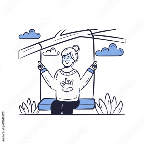 Illustration woman swing tree clouds plants relax grandma leisure happy retirement vector cartooning art vector art illustrations