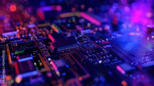 Close-up view of a vibrant circuit board showcasing intricate electronic components and glowing lights
