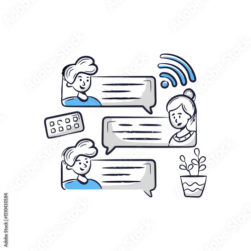Chatting communication conversation dialogue discussion interacting messaging people talking wifi connection vector art illustrations