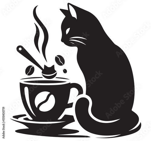 Black Cat Silhouette with Steaming Coffee Cup Beans and Spoon Art
