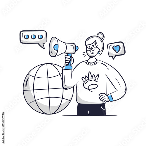 Illustration woman megaphone globe social media communication marketing announcement worldwide network vector art illustrations