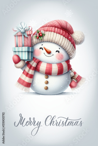 Snowman with a happy expression, rosy cheeks, carrot nose and knitted red and white striped scarf. Greeting card with calligraphic inscription Merry Christmas.