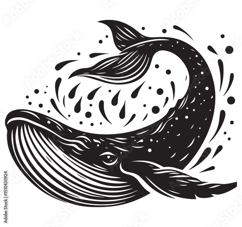 Vintage style black and white stylized marine life illustration of a dynamic whale breaching with ocean water splash
