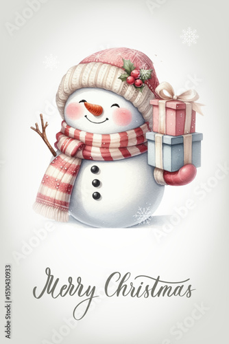 Snowman with a happy expression, rosy cheeks, carrot nose and knitted red and white striped scarf. Greeting card with calligraphic inscription Merry Christmas.