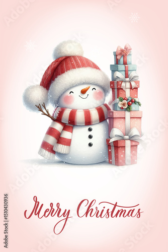 Snowman with a happy expression, rosy cheeks, carrot nose and knitted red and white striped scarf. Greeting card with calligraphic inscription Merry Christmas.