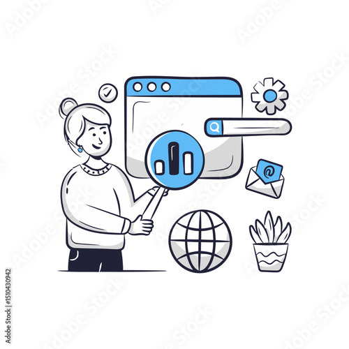 Woman analytics seo search engine optimization marketing digital data analysis business strategy growth vector art illustrations
