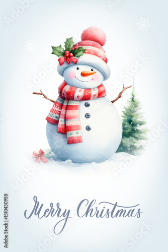 Snowman with a happy expression, rosy cheeks, carrot nose and knitted red and white striped scarf. Greeting card with calligraphic inscription Merry Christmas.