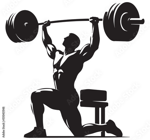 Muscular Man Weightlifting Barbell Overhead Split Jerk Silhouette Kneeling Strength Training