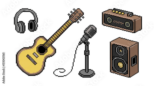 Pixel art illustration representing a set of musical instruments including acoustic guitar. Microphone. Headphones. Amplifier and speaker. Ideal for music related projects with transparent background