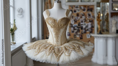 Elegant ivory tutu dress with gold embroidery in costume studio