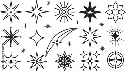 Minimal vector sparkle and starburst icons set for digital decoration and UI design, ideal for magical effects,illustrations,starburst vector icons in assorted styles,Unique Black Starburst Shapes Set