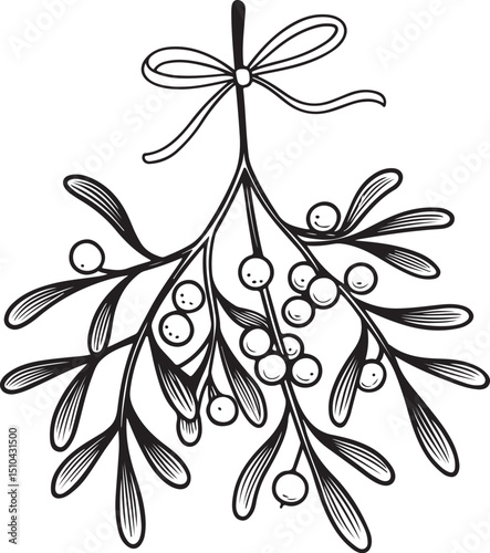 Mistletoe for Christmas Vector Illustration, Sketch Drawing Line Linear Symbol Icon Engraving Coloring Book, Hand-drawn Black and White Isolated