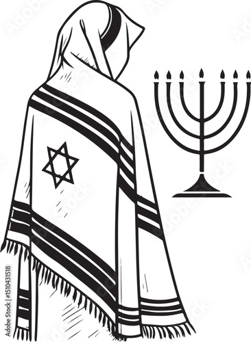 Prayer shawl (tallit) Vector Illustration, Sketch Drawing Line Linear Symbol Icon Engraving Coloring Book, Hand-drawn Black and White Isolated